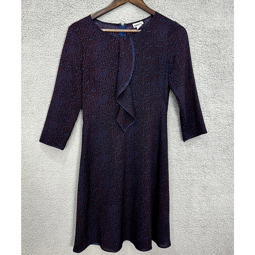 DKNY Shift Dress Women 4 Blue Animal Leopard Print 3/4 Sleeve Ruffle Boho Preppy